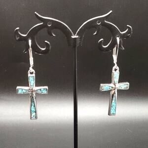 925 Silver Plated Turquoise Cross Earrings Western Valentine's Anniversary Gift